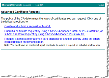 Microsoft Certificate Services Advanced Certificate Request page with a list of options you can click to request a certificate